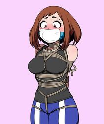 bare_shoulders between_breasts between_labia bondage bound breast_harness brown_hair crotch_rope femsub gag gym_uniform innie_pussy jam-orbital microfoam microfoam_tape my_hero_academia ochako_uraraka rope rope_bondage schoolgirl tank_top tied_up white_tape young