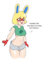 1girls animal_crossing animal_crossing_girl animal_crossing_new_horizons animal_crossing_new_leaf animal_ears belly belly_button big_ass big_breasts big_butt big_hips blonde_hair blue_eyes blue_tail breasts bunny bunny_ear bunny_ears bunny_girl bunny_tail cosplay dialogue eyelashes female female_only gloves green_shirt grey_shorts hair hips mask masked midriff mira_(animal_crossing) navel nintendo nipple_bulge no_bra nose_blush oblivious rabbit rabbit_ears rabbit_girl rabbit_humanoid rabbit_tail red_gloves red_mask shiny_breasts shiny_hair shiny_skin shorts skimpy skin_tight source_request t-shirt tail text thick_thighs tight_clothes tight_clothing tight_fit tshirt underboob villager_(animal_crossing) white_background wide_hips