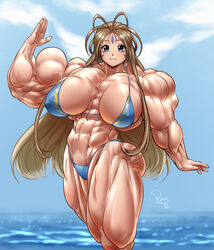 abs belldandy bikini blonde_hair blue_eyes breasts busty extreme_muscles female large_breasts long_hair looking_at_viewer muscles muscular muscular_female oh_my_goddess! pegius smile solo thick_thighs water