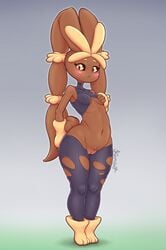 1girls 3_toes abs anthro anthrofied armpits ass belly big_ass big_ears black_sclera blush breasts brown_fur eye_contact eyelashes feet female female_only fur furry furry_only kionant lagomorph long_ears looking_at_viewer lopunny mega_evolution mega_lopunny midriff navel nintendo no_panties paws pokémon_(species) pokemon pokemon_(species) pose pubic_hair pussy rabbit ribs shirt small_breasts solo standing tail tank_top text thick_thighs thighhighs underboob wardrobe_malfunction watermark wide_hips yellow_eyes