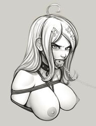 1girls ahoge akamatsu_kaede angry ball_gag bdsm big_breasts blonde_hair blush bondage bondage_harness bound breasts chains collar danganronpa danganronpa_v3 eyelashes female female_only gag hair_ornament hairclip kidetic kusujinn leash light_skin long_hair looking_at_viewer monochrome nipples pale_skin restrained rope schoolgirl sex_toy slave slim solo teenager tied_up violet_eyes