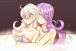 2girls blush breasts camilla_(fire_emblem) corrin_(fire_emblem) corrin_(fire_emblem)_(female) fire_emblem fire_emblem_fates fire_emblem_if hot_spring hug manakete multiple_girls naked nintendo nipples nude nude_female raydango red_eyes smile towel white_hair yuri