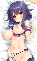 ahoge blur_censor breasts censored female groin kantai_collection large_breasts long_hair looking_at_viewer mikagami_mamizu nipples on_bed open_mouth purple_hair red_eyes ribbon swimsuit taigei_(kantai_collection) upper_body