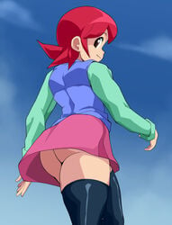 1girls ass black_legwear capcom dat_ass mayl_sakurai mega_man mega_man_battle_network mega_man_nt_warrior miniskirt no_panties pepipopo pink_skirt red_hair redhead rockman rockman_exe sakurai_meiru shinpepi skirt upskirt young