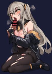 1boy black_legwear blush brown_eyes censor_bar censored dark-skinned_male detached_collar disembodied_penis fellatio female flat_chest girls'_frontline grey_hair jacket male one_side_up oral pantyhose penis scar scar_across_eye simple_background solo_focus straight torn_clothes torn_legwear tsuki_tokage ump45_(girls'_frontline) yellow_eyes