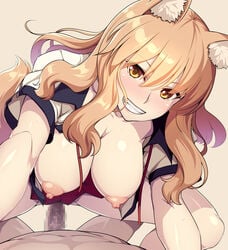 1boy 846-gou abs animal_ear_fluff animal_ears areolae ass_visible_through_thighs blonde_hair breasts censored collarbone cowgirl_position eyebrows_visible_through_hair fate/extra fate/extra_ccc fate/extra_ccc_fox_tail fate_(series) female fox_ears fox_tail hair_between_eyes hanging_breasts highres imminent_vaginal large_breasts long_hair monochrome_background nipples oerba_yun_fang penis pov shadow short_sleeves skirt smile straddling suzuka_gozen_(fate) tail yellow_eyes