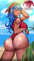 arm_up ass ass_focus bandana beach blue_hair earrings god_complex huge_ass large_ass large_breasts logo long_hair looking_at_viewer maggie_(npczoey) magni_(npczoey) mole mole_above_mouth mole_on_ass namependingcreations nervous npczoey one-piece_swimsuit tan tanline tight_clothing tight_fit yellow_eyes