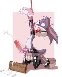 <3_eyes absurd_res anthro arms_above_head ball_gag bodily_fluids bondage bottomwear bound broken_condom bugs_bunny clothing condom cum cum_on_ground cumshot ejaculation enookie foreskin gag genital_fluids genitals hands-free heart hi_res humanoid_genitalia humanoid_penis implied_handjob lagomorph latex_armwear latex_clothing latex_legwear latex_stockings leporid looney_tunes male mammal penis rabbit restrained retracted_foreskin rope rope_bondage sexual_barrier_device skirt solo solo_male submissive submissive_male tally_marks the_looney_tunes_show uncut warner_brothers