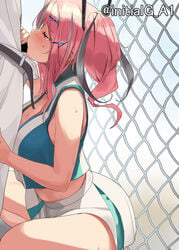 a1 azur_lane belt blush breasts bremerton_(azur_lane) bremerton_(scorching-hot_training)_(azur_lane) censored chain-link_fence cleavage commentary_request crop_top crop_top_overhang fellatio female fence hair_ornament headgear huge_breasts large_breasts multicolored_hair oral pants penis red_hair shirt sidelocks skirt sleeveless sleeveless_shirt sportswear spread_legs squatting straight streaked_hair sweat tennis_uniform thighs twintails two-tone_skirt two_side_up unbuttoned white_pants white_shirt white_skirt x_hair_ornament