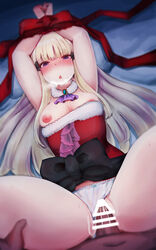 absurdres bar_censor blonde_hair blue_eyes bound bound_wrists censored cum cum_in_pussy dark-skinned_male hemachi highres princess_connect! princess_connect!_re:dive santa_costume saren_(princess_connect!) sex spread_legs