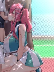 1boy 1girls azur_lane bangs between_legs black_boxer_briefs blush boxer_briefs breasts bremerton_(azur_lane) bremerton_(scorching-hot_training)_(azur_lane) censored chain-link_fence cleavage commentary_request cowboy_shot crop_top crop_top_overhang diffraction_spikes eyebrows_visible_through_hair fellatio female fence from_side green_shirt green_skirt grey_hair hair_between_eyes hair_ornament hairclip hand_between_legs huge_breasts kneeling large_breasts long_hair male midriff mosaic_censoring multicolored_hair oral out_of_frame penis pink_eyes pink_hair reta_su_gohan shade shirt shoes shorts shorts_pull sidelocks skirt sleeveless sleeveless_shirt sneakers solo_focus sportswear standing straight streaked_hair sweat tennis_court tennis_uniform tree twintails two-tone_hair two-tone_skirt wet wet_clothes wet_shirt white_shirt white_skirt