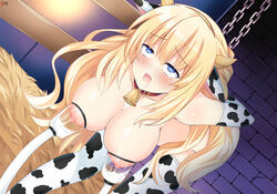 bell blonde_hair blue_eyes bondage breast_milking chains collar cow_print femsub horns lactation lewdkuma long_hair milking milking_machine neptunia_(series) nipples pale-skinned_female restrained solo vert