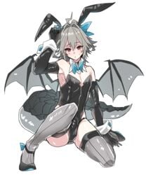 1boy ass backsack blush bulge bunny_ears bunnysuit crossdressing dragon_tail dragon_wings fate/apocrypha fate_(series) femboy girly grey_hair haoro horns looking_back on_bed on_side penis_under_clothes red_eyes short_hair sieg_(fate/apocrypha) solo sweat tail thighhighs wings