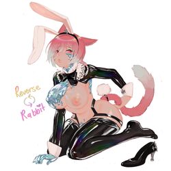 animal_ears black_bow black_footwear black_legwear blue_hair bow braid breasts bunny_ears bunny_tail cat_ears cat_girl cat_tail crystal english_text eyebrows_visible_through_hair eyes_visible_through_hair facial_mark fake_animal_ears female final_fantasy final_fantasy_xiv g'raha_tia genderswap_(mtf) goldfishu hair_between_eyes heart high_heels kneeling large_breasts miqo'te multicolored multicolored_hair multicolored_tail nipples parted_lips pink_hair pink_lips red_eyes reverse_bunnysuit rule_63 short_hair simple_background solo tail white_background