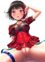 absurdres anus arm_at_side ass_visible_through_thighs bang_dream! bangs black_choker black_hair blush bob_cut bottomless breasts buttons choker collarbone dress eyebrows_visible_through_hair eyelashes fanbox_reward female fingernails hair_between_eyes hand_to_head hand_up highres lambda_(kusowarota) long_fingernails looking_at_viewer medium_breasts microdress mitake_ran multicolored_hair no_panties open_mouth paid_reward plaid plaid_dress plaid_skirt pleated_dress purple_eyes pussy red_dress red_hair red_skirt short_sleeves simple_background single_strap sitting skirt solo spread_legs streaked_hair thigh_strap two-tone_hair uncensored white_background