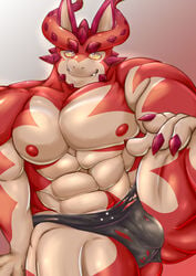 abs anthro barely_visible_genitalia barely_visible_penis clothing cthugha_(tokyo_afterschool_summoners) genitals hi_res horn liuoie2 male male_only muscular muscular_male nipples pecs penis solo speedo swimwear tentacle tokyo_afterschool_summoners torn_clothing video_games