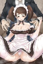 1boy 1girls atlus becky_(persona) blush brown_hair cleavage embarrassed huge_breasts joker_(persona) kurosususu maid maid_headdress maid_uniform megami_tensei persona persona_5 pussy ren_amamiya sadayo_kawakami spread_legs spreading sweat tagme thighhighs twintails wet