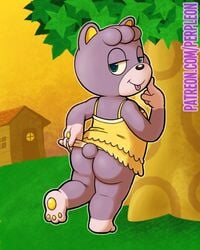 2020 4:5 animal_crossing anthro ass bedroom_eyes bottomless clothed clothing detailed_background digital_media female flashing fur furry furry_only looking_at_viewer looking_back mammal megan_(animal_crossing) mooning narrowed_eyes nintendo outside perpleon pinup pose presenting presenting_ass presenting_butt presenting_hindquarters public seductive solo tail tongue tongue_out ursid video_games