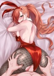 1boy all_fours animal_ears arisugawa_natsuha ass ass_grab back bangs blush breasts breasts_out bunny_ears bunnysuit censored clothed_female_nude_male clothed_sex detached_collar dice_earrings female fishnet_legwear fishnets grey_eyes grey_legwear idolmaster idolmaster_shiny_colors large_breasts leotard leotard_pull long_hair looking_at_viewer looking_back medium_breasts mosaic_censoring nude open_mouth pantyhose penis ponytail pussy red_hair red_leotard sex smile straight strapless strapless_leotard swept_bangs torn_clothes torn_legwear urayama_(backmountain) vaginal_penetration