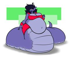 big_belly big_breasts blakeroats breasts clothed clothed_female clothes clothing coils dark_hair fat huge_belly juniper_(blakeroats) lamia long_ears long_hair naga navel obese obese_female open_mouth overweight overweight_female pointed_ears purple_skin sharp_teeth simple_background smile smiling tail wristwear yellow_eyes