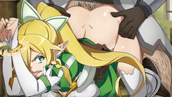 1boy 1girls all_fours ass blonde_hair bound bound_arms braid breasts commentary_request crying crying_with_eyes_open doggy_style female green_eyes large_breasts leafa long_hair looking_back on_front pointy_ears ponytail rape sex shiny shiny_hair shiny_skin solo_focus sword_art_online tearing_up thighhighs toranpo_rintarou twin_braids very_long_hair white_legwear