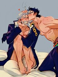 2boys age_difference black_hair cigarette closed_eyes dilf forehead_kiss gay grandfather_and_grandson grandparent grandson gray_hair grey_hair incest jijimago jojo's_bizarre_adventure joseph_joestar jotaro_kujo kissing magojiji male male_only old_joseph older_man_and_younger_boy smiling stardust_crusaders topless viiiola_beet what yaoi