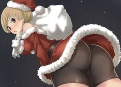 1girls ass atlus bike_shorts blush brown_hair christmas from_below kurosususu persona persona_4 santa_costume santa_hat satonaka_chie short_hair solo upskirt