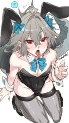 1boy ahoge blush bulge bunny_ears bunnysuit crossdressing fate/apocrypha fate_(series) femboy girly grey_hair haoro open_mouth short_hair sieg_(fate/apocrypha) solo sweat thighhighs tongue_out trap