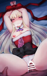 absurdres bar_censor blonde_hair blue_eyes bound bound_wrists censored dark-skinned_male female hemachi highres princess_connect! princess_connect!_re:dive santa_costume saren_(princess_connect!) sex spread_legs