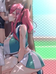 1boy 1girls azur_lane bangs between_legs black_boxer_briefs blush boxer_briefs breasts bremerton_(azur_lane) bremerton_(scorching-hot_training)_(azur_lane) censored chain-link_fence cleavage closed_eyes commentary_request cowboy_shot crop_top crop_top_overhang diffraction_spikes eyebrows_visible_through_hair fellatio female fence from_side green_shirt green_skirt grey_hair hair_between_eyes hair_ornament hairclip hand_between_legs huge_breasts kneeling large_breasts long_hair male midriff mosaic_censoring multicolored_hair oral out_of_frame penis pink_hair reta_su_gohan shade shirt shoes shorts shorts_pull sidelocks skirt sleeveless sleeveless_shirt sneakers solo_focus sportswear standing straight streaked_hair sweat tennis_court tennis_uniform tree twintails two-tone_hair two-tone_skirt wet wet_clothes wet_shirt white_shirt white_skirt