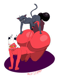 2boys ahe_gao akiva anthro big_penis cat cat_ears demon eyelashes eyeshadow feline femboy freckles gay helluva_boss hyper_ass hyper_balls hyper_penis imp moxxie_(helluva_boss) oc original_character red_skin small_but_hung small_dom_big_sub tail_pull thick_thighs tongue tongue_out vivienne_medrano yaoi