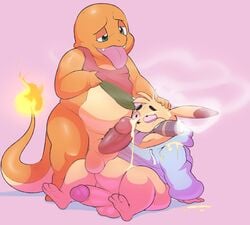 2boys 3_toes anthro anthrofied ass barbed_penis bodily_fluids bottomless charmander chubby cigar clothed clothing cum cum_on_clothing duo ero_(character) eroborus feet furry gay genital_fluids hadou hadou_(satsui-n0-had0u) hoodie interspecies male male_only nintendo oral original_character overweight overweight_male penis pikachu pokémon_(species) pokemon pokemon_rgby rodent scalie sitting smoke smoking soles standing teapot_(body_type) teeth testicles thick_eyebrows thick_thighs tongue topwear video_games wide_hips yaoi