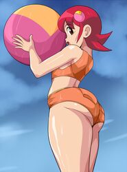 1girls ass ball beach_ball big_ass bikini capcom curvy cute dat_ass looking_at_viewer mayl_sakurai mega_man mega_man_battle_network mega_man_nt_warrior pepipopo red_hair redhead rockman rockman_exe sakurai_meiru smiling solo tagme thick_thighs thighhighs thighs young