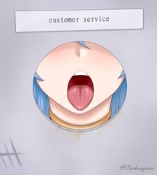 blue_hair blush ciohoxyami female female_focus glory_hole lufia open_mouth oral_invitation sexually_suggestive sign solo tia tongue tongue_out wall