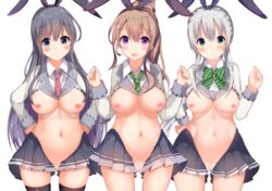 3girls animal_ears big_breasts black_hair blush breasts brown_hair bunny_ears censored fake_animal_ears female female_only grey_eyes highres hozmi3 looking_at_viewer mosaic_censoring multiple_girls navel nipples ongeki purple_eyes pussy reverse_bunnysuit reverse_outfit school_uniform silver_hair