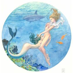 1:1 2girls anthozoan blonde_hair breasts clothing cnidarian coral cunnilingus duo female female/female female_on_humanoid female_only fish green_hair hair head_grab hi_res holding_breast human human_on_humanoid humanoid interspecies looking_pleasured mammal marine merfolk milo_manara mostly_nude multiple_girls nipples nude open_mouth oral pillarbox sex shark traditional_media_(artwork) underwater underwater_sex vaginal_penetration water yuri