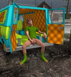 1boy 3d bottomless brown_hair davpeet detailed_background erection exhibitionism facial_hair goatee hairy_legs handjob hanging_balls hanna-barbera holding_penis human inviting_to_sex male male_only masturbation mystery_machine penile_masturbation penis precum precum_drip public scooby-doo shaggy_rogers socks solo spread_legs van vehicle