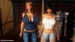 2girls 3d big_breasts bimbo choker cleavage clothed eyeliner eyeshadow family_photo hourglass_figure huge_breasts lipstick looking_at_viewer makeup midriff posing shassai tank_top