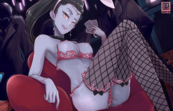 1girls 2boys animal_ears armchair black_hair blue_skin bra bracelet breasts bunny_ears card chair circlet collar cupless_bra earrings fake_animal_ears fishnet_legwear fishnets head_tilt jewelry large_breasts legs_crossed long_hair looking_at_viewer multiple_boys nail_polish nekomimipunks nipple_piercing nipples open_mouth overwatch panties piercing playing_card ponytail red_bra red_nails red_panties sitting smile solo_focus thighhighs underwear very_long_hair widowmaker yellow_eyes