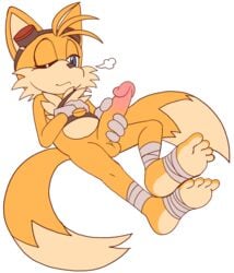 anthro blue_eyes feet fox genitals goggles grabbing_own_penis half-closed_eyes lying male male_only masturbation penis_grab senshion solo sonic_(series) sonic_boom sonic_the_hedgehog_(series) tails white_background white_body yellow_body