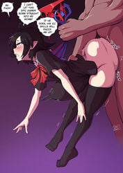 1boy 1girls big_ass big_dom_small_sub black_dress black_hair black_legwear black_shirt blush clenched_teeth curled_toes dangling_legs dark-skinned_male dark_skin dialogue dmxwoops dress elf_ears english_text eyes_rolling_back grabbing grabbing_from_behind held_up huge_ass hyper_penis impregnation_risk interracial larger_male living_condom living_sex_toy nue_houjuu open_mouth pointy_ears purple_background rape red_eyes rough_sex sex short_hair size_difference small_breasts smaller_female speech_bubble stomach_bulge suspended suspended_on_penis sweat text thick_thighs thighhighs torn_clothes touhou vaginal_penetration wings