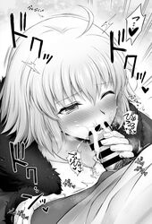 1boy ahoge bar_censor blush breasts censored chacharan cleavage cum cum_in_mouth eyebrows_visible_through_hair fate/grand_order fate_(series) fellatio female greyscale highres jeanne_alter jewelry large_breasts male_pubic_hair monochrome necklace one_eye_closed oral penis pubic_hair solo_focus straight translation_request