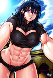 1girls abs big_breasts blue_eyes blue_hair breasts byleth_(fire_emblem) byleth_(fire_emblem)_(female) cleavage female female_only fire_emblem fire_emblem:_three_houses from_below huge_breasts jadenkaiba large_breasts long_hair looking_down muscular muscular_female naughty_face nintendo seductive solo solo_female source_request thick_thighs topwear