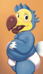 1boy 2020 3_fingers absurd_res animal_crossing anthro ass avian beak belly big_belly big_butt biped bird blue_body blue_feathers blush briefs bulge clothed clothing columbid digital_media_(artwork) dodo feather_hands feather_tuft feathered_wings feathers fingers head_tuft hi_res jerseydevil looking_at_viewer love_handles male male_only moobs multicolored_beak multicolored_body multicolored_feathers nervous nintendo open_mouth open_smile orville_(animal_crossing) overweight overweight_male pinup portrait pose simple_background skimpy smile solo solo_male standing tail_feathers thick_thighs three-quarter_portrait tight_clothing tighty_whities tongue topless tuft two_tone_body two_tone_feathers underwear video_games white_body white_clothing white_feathers white_underwear wings