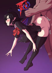 1boy 1girls big_ass big_dom_small_sub black_dress black_hair black_legwear black_shirt blush clenched_teeth curled_toes dangling_legs dark-skinned_male dark_skin dmxwoops dress elf_ears eyes_rolling_back grabbing grabbing_from_behind huge_ass huge_cock hyper_penis larger_male living_condom living_sex_toy nue_houjuu pointy_ears purple_background rape red_eyes rough_sex sex short_hair size_difference smaller_female stomach_bulge suspended_on_penis sweat thick_thighs thighhighs touhou vaginal_penetration wingston