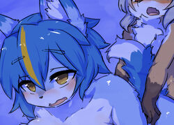 2019 ambiguous_penetration anthro big_breasts blue_body blue_fur blue_hair blush breasts canid canine chest_tuft duo ear_tuft female female/female fox fur grey_hair hair kemono looking_pleasured mammal nanahoshi_suzu occhan ohakotome open_mouth penetration purple_background red_eyes simple_background snout tan_body tan_fur tongue tuft yellow_eyes yuri