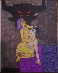 1boy damian_wayne dc dc_comics female male princeadam rachel_roth raven_(dc) raven_(dcamu) robin_(damian_wayne) robin_(dc) sex teen_titans traditional_media_(artwork) trigon