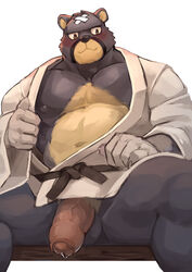 animal_crossing anthro bandage barazoku blush bodily_fluids curt_(animal_crossing) curtis_wuedti flaccid foreskin genital_fluids genitals hi_res keikogi male male_only mammal martial_arts_uniform muscular muscular_male nintendo nipples pecs penis precum solo sportswear ursid video_games