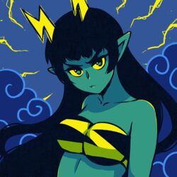 1girls :< akairiot bangs bare_arms black_bra black_hair bra collarbone dynja_(akairiot) green_eyes green_skin horns long_hair looking_at_viewer multicolored multicolored_bra multicolored_clothes original pointy_ears serious solo strapless strapless_bra tagme underwear yellow_bra yellow_sclera