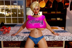 1girls 3d big_breasts big_lips bimbo blonde_hair bursting_breasts choker eyeshadow hoop_earrings hotpants hourglass_figure huge_breasts jean_shorts kitchen large_breasts leaning_back lipstick lisa_(shassai) looking_at_viewer makeup midriff milf pink_shirt pink_tank_top posing presenting seductive shassai short_hair short_shorts solo tank_top underboob